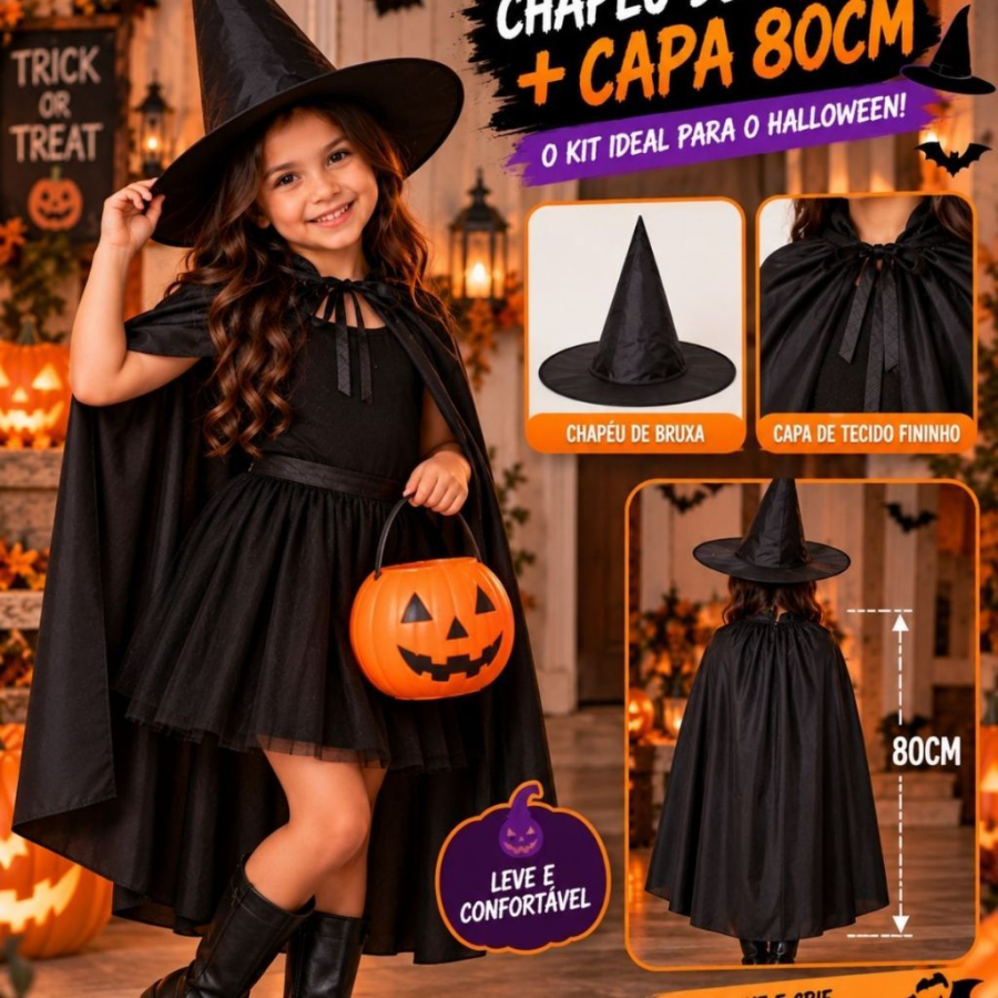 Kit Fantasia de Bruxa Halloween Chapéu de Bruxa + Capa Preta 80cm 120cm ou 140cm Fantasia Dia das Bruxas Acessórios